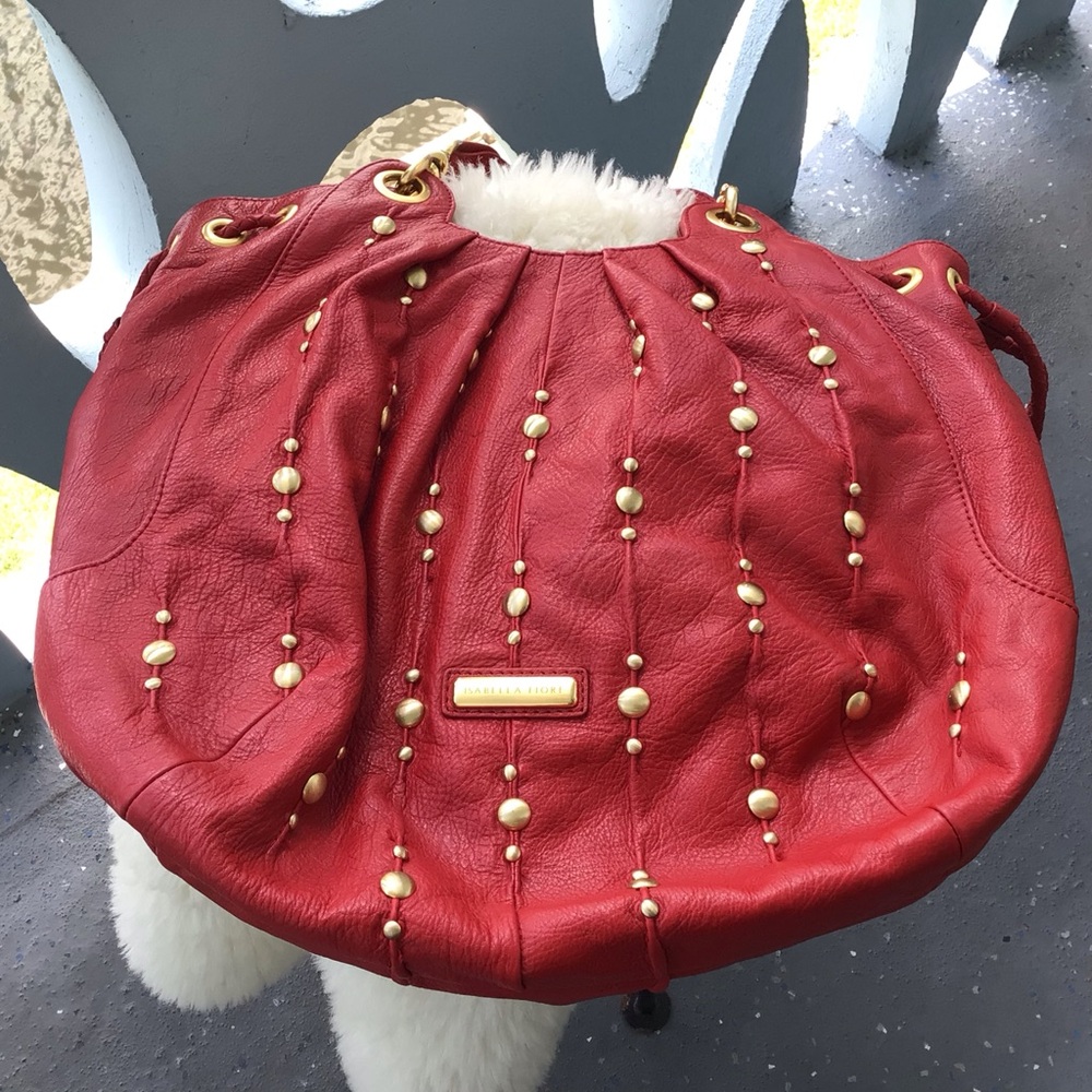 Isabella Fiore Red Leather Tassel Shoulder Bag with Gold Stud Detailing Italy